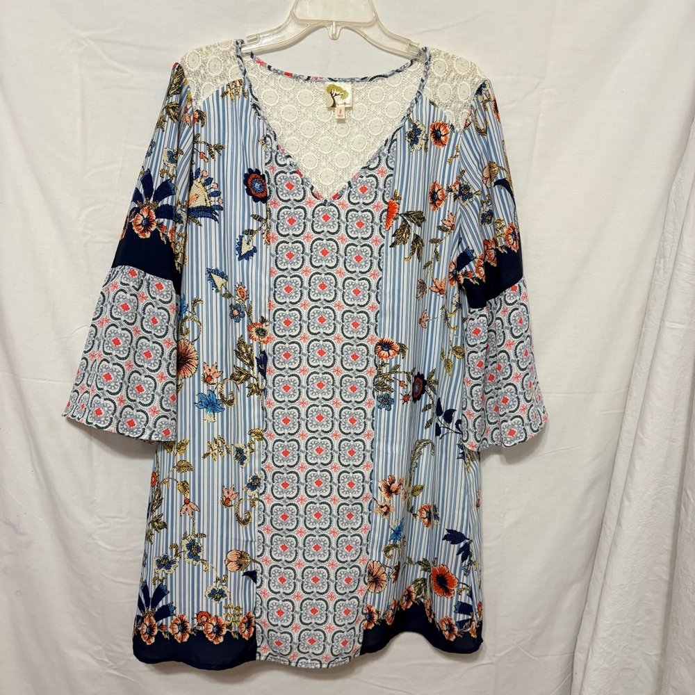Anthropologie Fig and Flower boho floral print tunic dress 3/4 bell sleeve/lace